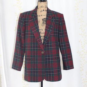 Vtg Sag Harbor Wool Blend Maroon Green Blue Tartan Plaid Blazer Womens 10 Petite